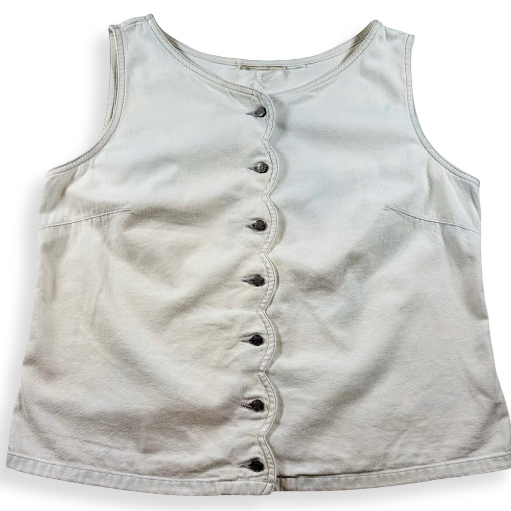 Vintage Ivory Denim Scalloped Button Front Vest Top Sleeveless Light Wash XL